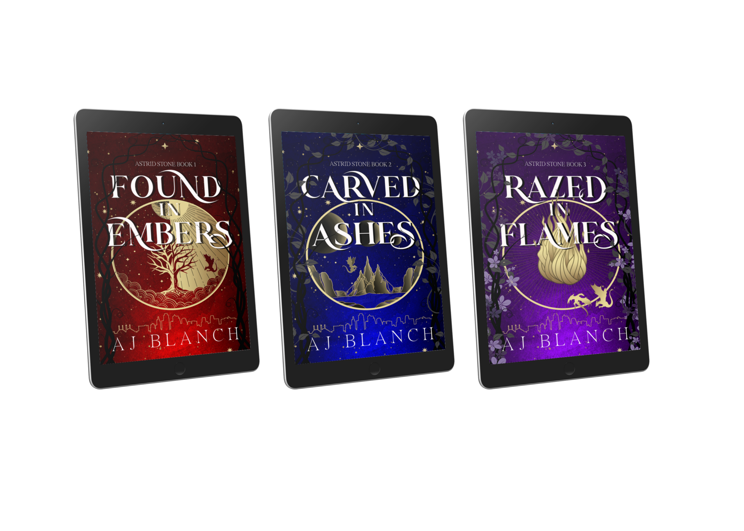 Three tablets each showing a book cover on the screen.