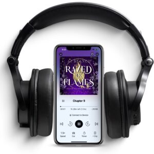 Phone and headphones with the audiobook of Razed in Flames on the screen